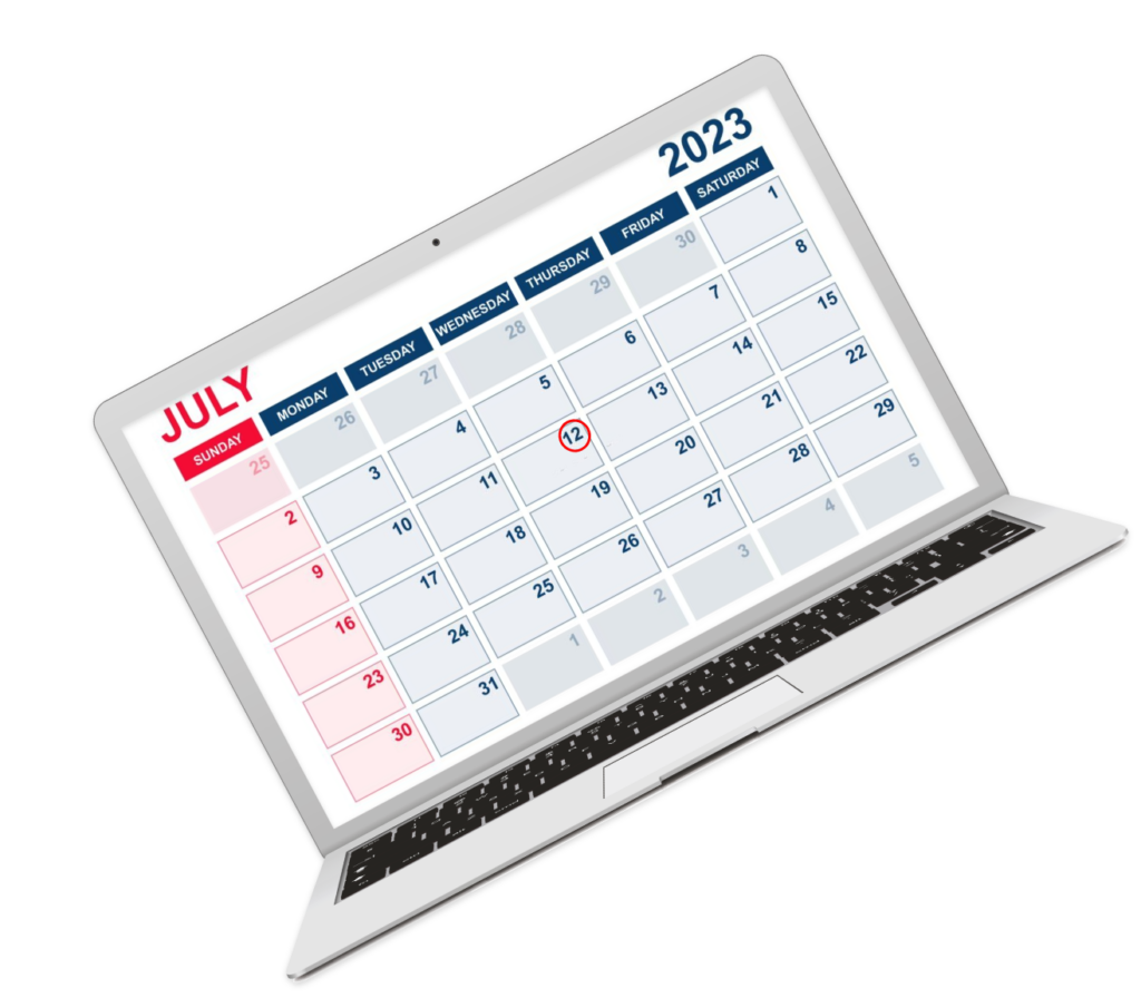 July calendar on a laptop screen